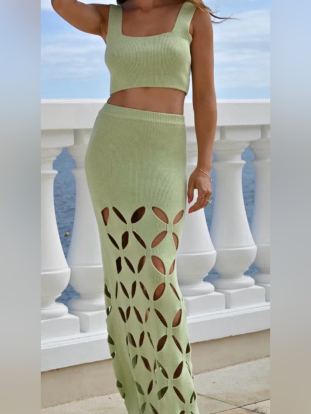 Ribbed Knit Cutout Maxi Skirt set - Light Greenu